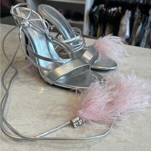 Zara Silver Heels with Pink Feather Details